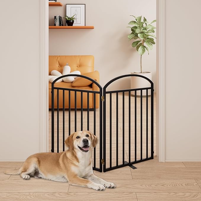2 Panels Full Matel Freestanding Dog Gates with Door, 48"Extra Wide 32"Tall Free Standing Dog Pet Gate for Indoor & Outdoor. Foldable Pet Fences for Doorways, House, Stairs, Porch, Deck, Yard