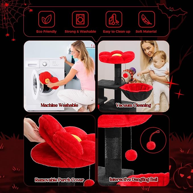 PETEPELA Gothic Cat Tree for Indoor Cats, 31.5'' Small Flower Cat Tower Condo with Sisal Scratching Ramp, Cozy Hammock and Removable Flower Cat Bed Perch for Kittens, Black