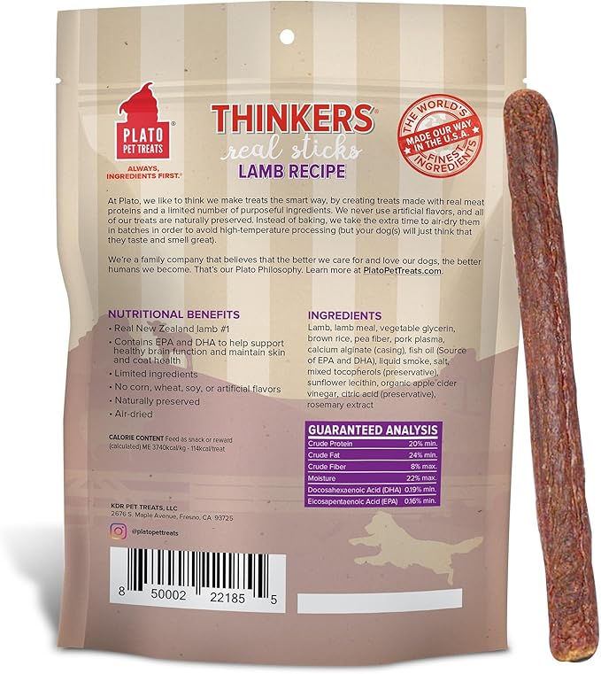 Plato Pet Treats Thinkers - Meat Sticks for Dogs - Limited Ingredient Treats with EPA and DHA to Support Skin, Coat, and Brain - Air-Dried - Lamb 10oz