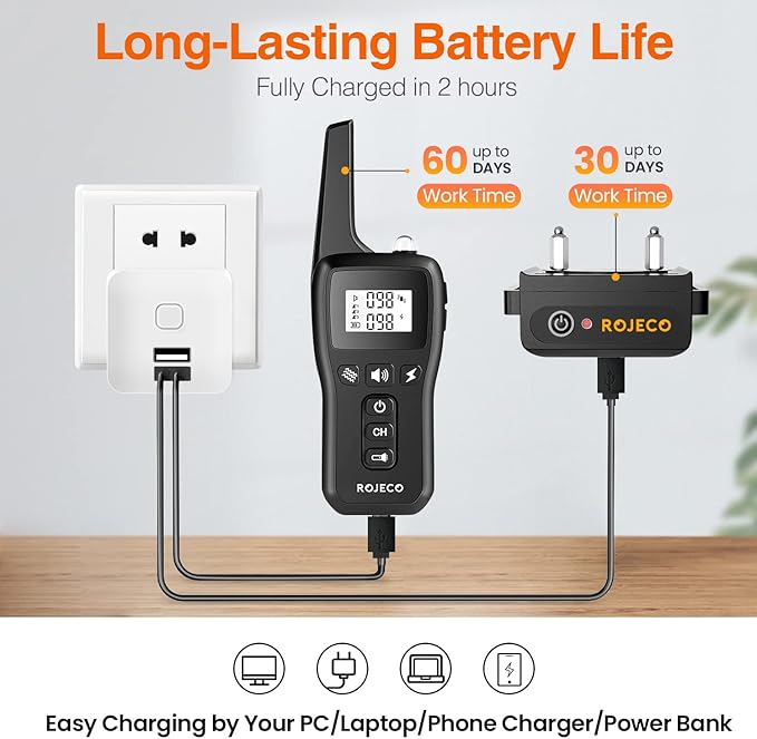 ROJECO Dog Training Collar with 3300FT Remote，IPX7 Waterproof Rechargeable Shock Collar for Large Medium Small Dogs，3 Safe Training Modes with Beep,Vibration and Shock,Adjustable Electronic Dog Collar