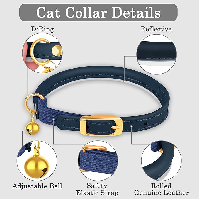 OOPSDOGGY Rolled Leather Cat Collar with Bell - Reflective Kitten Collar with Safety Elastic Strap - Adjustable Small Pet Collars for Boy Girl Cats (Blue)