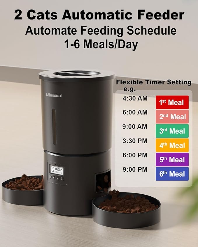 Dual Automatic Cat Feeder 2 Cats,6 Meals/Day,12 Portions/Meal,4.2L Dual Power Double Bowls Feeder,Dry Food Auto Pet Dispenser,10S Voice Record,Flexible Schedule Timer (Black,Basic Dual Bowls)