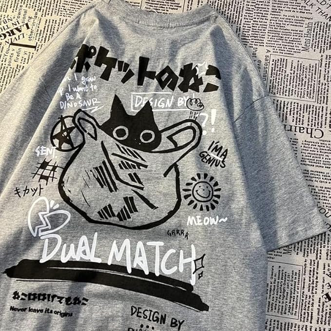 Womens Vintage Graphic Tee Shirt Cat Print Short Sleeve Loose Tunic Tops Gothic Oversized Punk Baggy Shirts