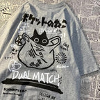 Womens Vintage Graphic Tee Shirt Cat Print Short Sleeve Loose Tunic Tops Gothic Oversized Punk Baggy Shirts