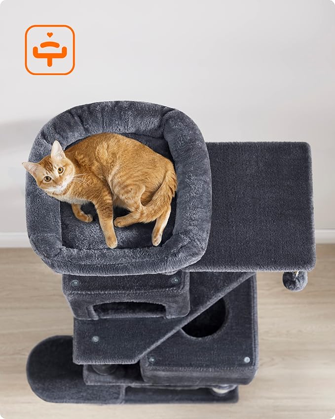 Feandrea Cat Tree, 61-Inch Cat Tower for Indoor Cats, Plush Multi-Level Cat Condo with 5 Scratching Posts, 2 Perches, 2 Caves, Hammock, 2 Pompoms, Smoky Gray UPCT192G01
