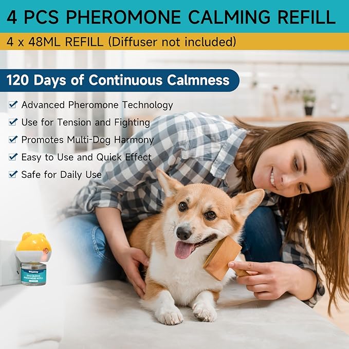 Dog Calming Diffuser Refills - 4 Pack Dog Pheromones Calming Diffuser for Dog Anxiety Relief, Dog Pheromone Diffuser, 120 Days Pheromone Diffuser to Calm Dogs, Fits All Common Diffuser Heads