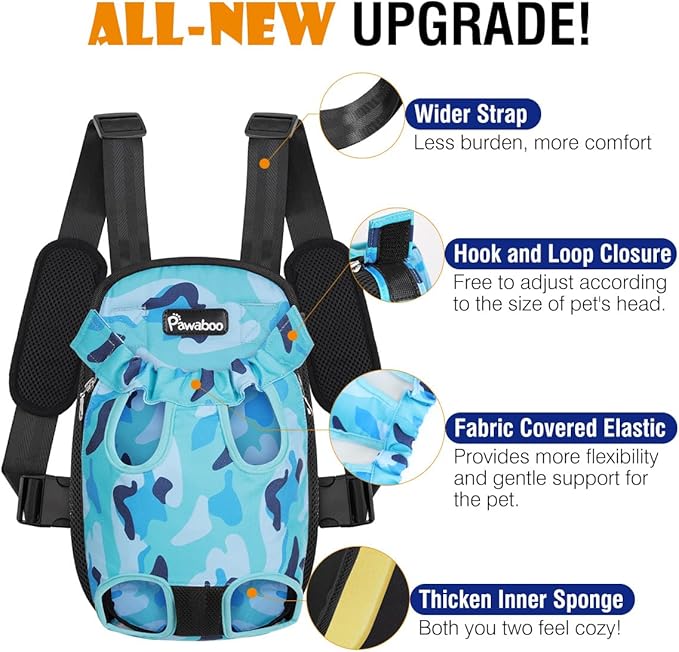 Pawaboo Pet Carrier Backpack, Adjustable Pet Front Cat Dog Carrier Backpack Travel Bag, Legs Out, Easy-Fit for Traveling Hiking Camping for Small Medium Dogs, Medium Size, Blue Camouflage