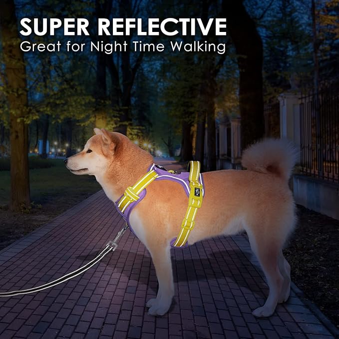 PHOEPET No Pull Dog Harness, Unique Colors Reflective Adjustable Dog Vest, with Soft Training Handle Metal Clips for Small Medium Large Dogs (Baby Purple Base & Yellow Straps,L)