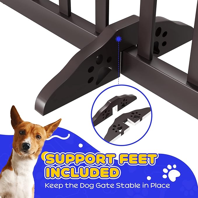 Semiocthome Wooden Freestanding Dog Gates for The House Extra Wide, 6-Panel Pet Gates for Puppy/Doggy with 4PCS Support Feet, Foldable 24“(H) Dog Fences Indoor, Expands Up to 9(ft) /113" (W)- Brown