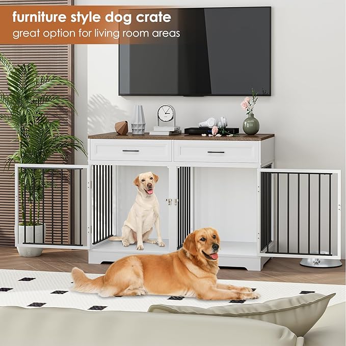 Dog Crate Furniture 47" Wooden Dog Kennels for Dogs Indoor with a Removable Divider for Large/Medium/Small Dogs, 2 Storage Drawers and Large Tabletop Dog Cages Double Doors Dog House, White