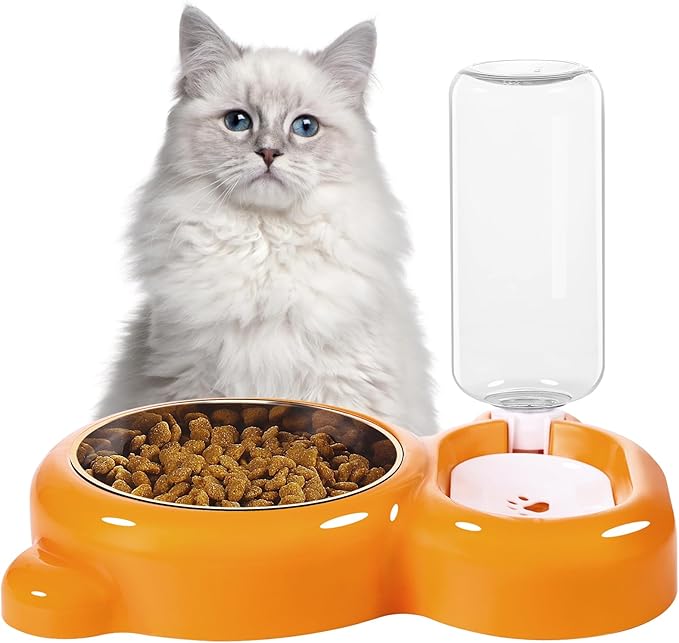 Dog Bowls, Cat Food and Water Bowl Set with Water Dispenser and Stainless Steel Bowl for Cats and Small Dogs - Orange