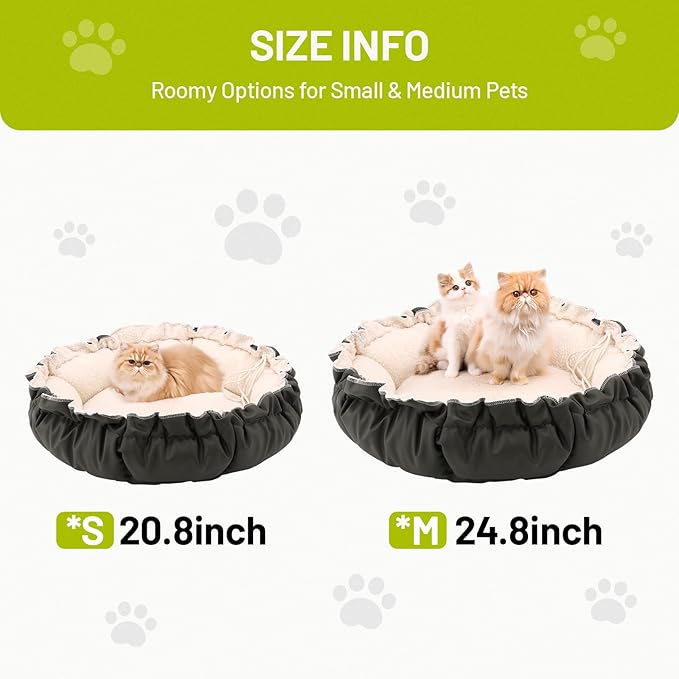 20.8Inch Cat Bed for Indoor Cats, 2-Sided Reversible Pet Bed, Adjustable Drawstring Kitten Bed, Small Dog Beds and Furniture for Puppy, Kitty, with Black Water-Resistant Anti-Slip Bottom