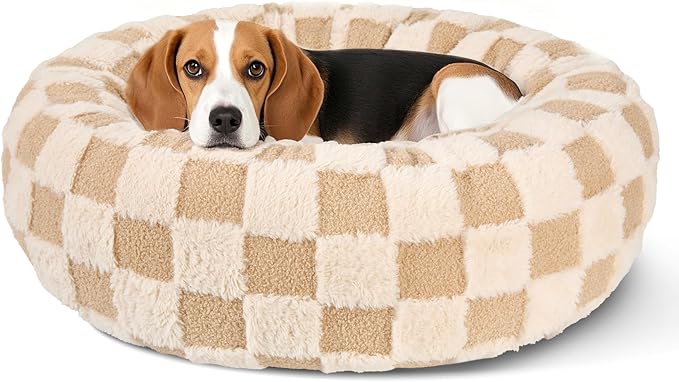 Dog Calming Beds for Small Medium Large Dogs - Round Donut Washable Puppy Dog Bed, Anti-Slip Faux Fur Fluffy Donut Cuddle Anxiety Cat Pet Bed (28" Grid)