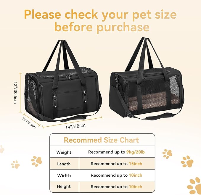 Petsfit Large Cat Carrier for 2 Cats, Lightweight Collapsible Double Cat Carrier for Travel, 4-Sided Breathable Mesh, with Adjustable Shoulder Strap, Locking Zipper and Washable Fleece Pad Black
