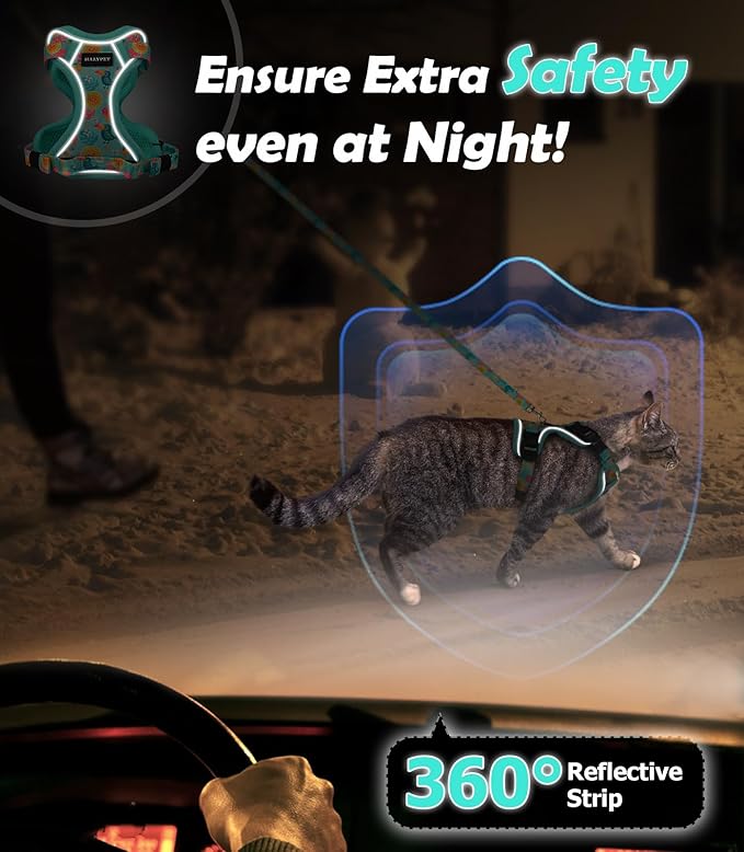 Halypet Cat Harness and Leash Set[MAX Safety 4th-Gen] Cute Escape Proof Vest Harness for Girl&Boy Cat Walking, Comfortable Adjustable Leash and Reflective Strips for Outdoor Kitten, S Green Tropics