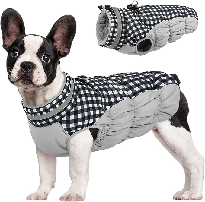 FUAMEY Dog Coat for Small Dogs,Waterproof Dog Winter Jacket with Harness Built in Puppy Cold Weather Coats Reflective Pet Vest with Zipper Warm Fleece Dogs Snowsuit Windproof Checkerboard XS