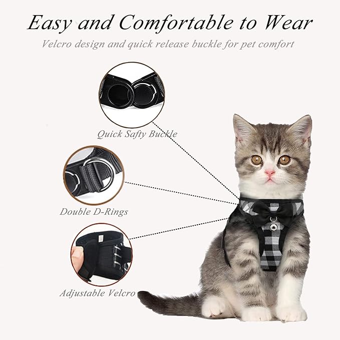 Cat Leashes and Harnesses for Walking,Breathable Soft Kittens Vest for Cats Dogs, Kitten Harness Escape Proof with Bell and Bow-Knot Decoration Christmas(XXS, Black-White)