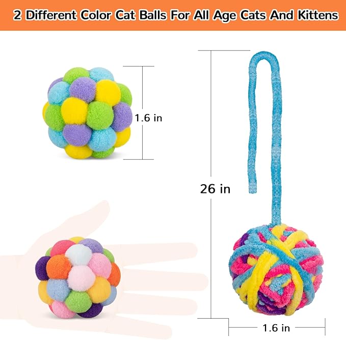 Retro Shaw Cat Toys Balls, 6Pcs Woolen Yarn Cat Ball Toy with Bell Inside, Christmas Kitten Toys for Indoor Cats Kitty, Chew Toys Jingle Pompom Ball with String