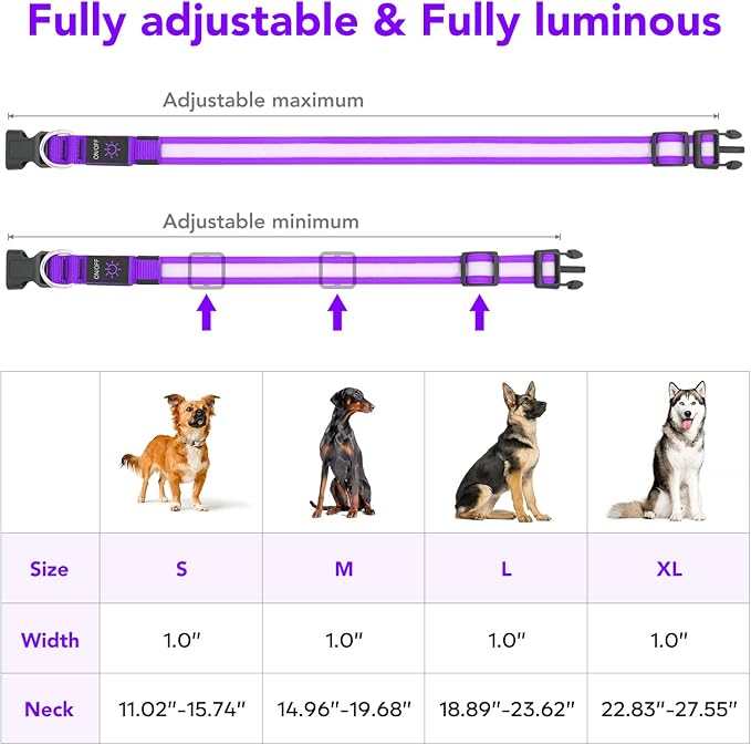 VIZPET LED Dog Collar, Light Up Dog Collar Adjustable USB Rechargeable Super Bright Safety Light Glowing Collars for Dogs (Purple, Medium[14.96-19.68 inch/38-50cm])