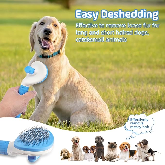 Self Cleaning Cat Brush,Slicker Dog Brush for Shedding,Skin Friendly Cat Brushes for Indoor Cats Massage Grooming,Dog Deshedding Brush for Long&Short Haired Dogs Loose Fur Hair Removal Blue