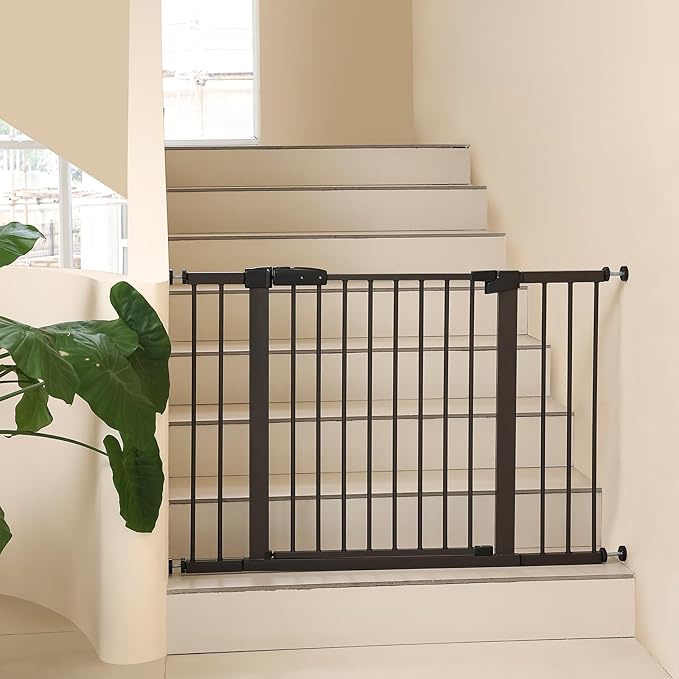 29"-57" Baby and Pet Safety Gate, 30" Tall Metal Walk-Thru Gate for Doorways & Stairs, Easy One-Hand Open, Dual Lock, Extensions & Wall Mounts Included (Brown, 29"-46" W x 30.5“H)