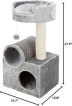 TRIXIE Tolar Cat Scratching Post 31.5 Inch - with Durable Sisal Rope and Tunnel, Condo, Platform with Removable Cushion & Dangling Cat Toy - in Gray