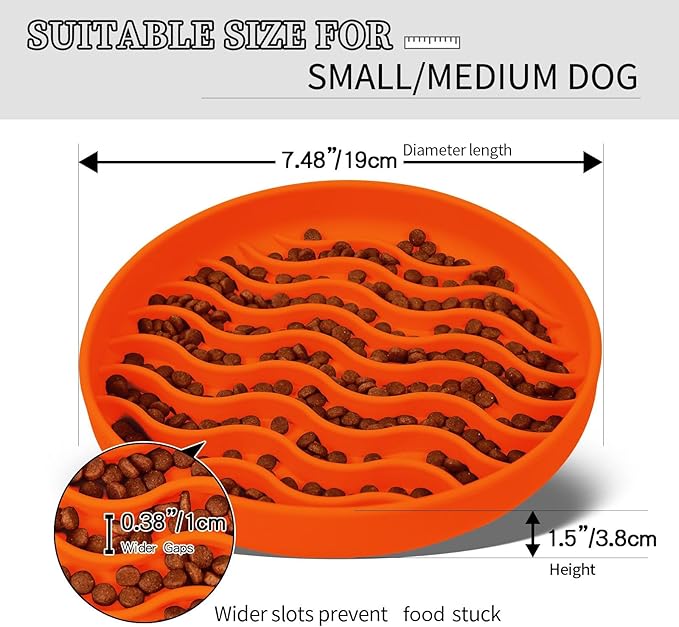 Slow Feeder Dog Bowls, Silicone Food Bowl Anti-Gulping, Pets Puppy Slow Feeder with Suction Cups, Dishwasher Microwave Safe for All Small Medium Dogs, Wave Design Orange