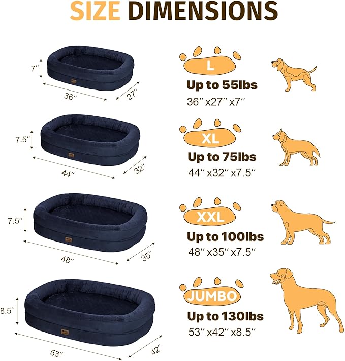 Orthopedic Washable Large Dog Bed: Cooling Dog Bed with Bolsters - Jumbo Bed Waterproof Removable Cover Non-Slip Pet Bed for Extra Large Sized - Navy