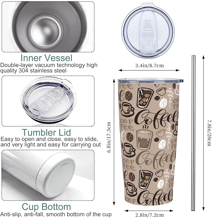 Tumbler with Lid and Straw, 20 Oz Stainless Steel Insulated Water Bottle Travel Coffee Mug