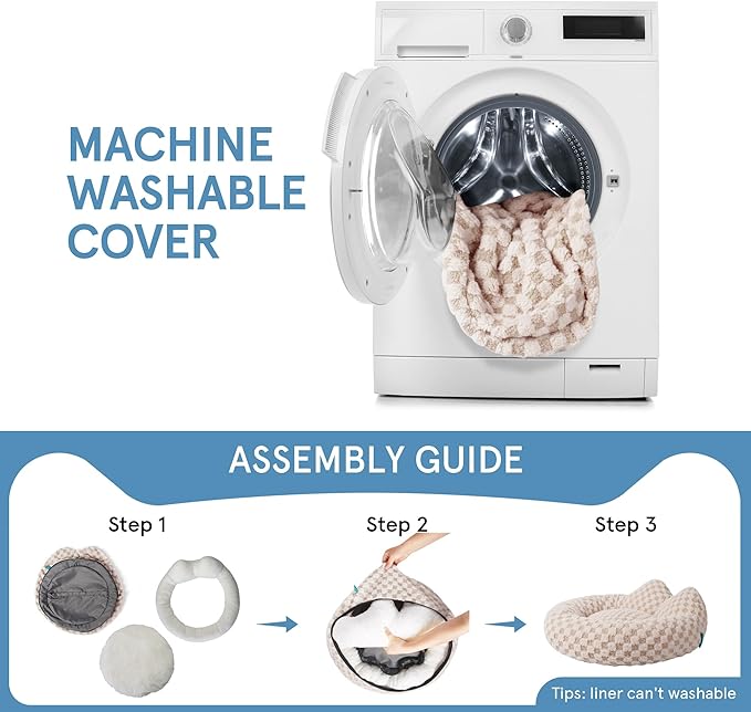 Round Dog Bed for Small Dogs & Cats -Washable Dount Cute Cat Bed for Indoor Cats, Orthopedic Sherpa Fleece Soft Cozy Calming Pet Bed with Removable Zipper Cover (Khaki Check, (23x23x8inches))