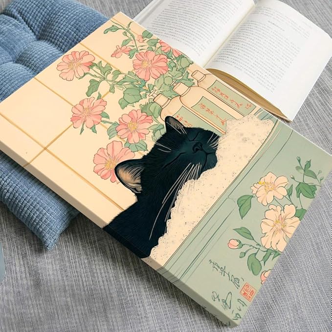Relaxation Japanese Poster Print Cute Black Cat Wall Art Decor Bathtub Pink Flowers and Green Leaves Picture Canvas Minimalist Japan Artwork for Bathroom Bedroom Toilet Kids Room 24x36inch Framed