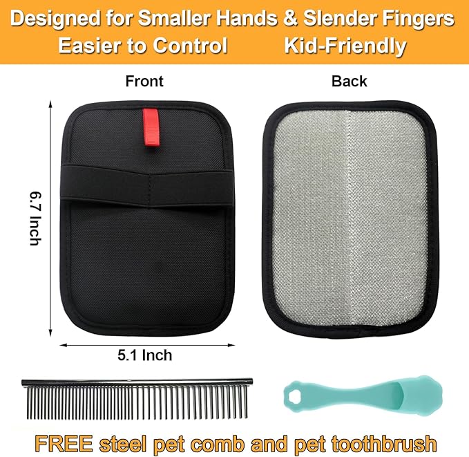 Pet Hair Removal Glove, 2 Pcs Upgraded Electrostatic Pet Hair Remover Gloves for Furniture Couch Carpet Curtain Car Seat, Reusable Dog Cat Grooming & Shedding Tool with FREE Steel Comb & Toothbrush
