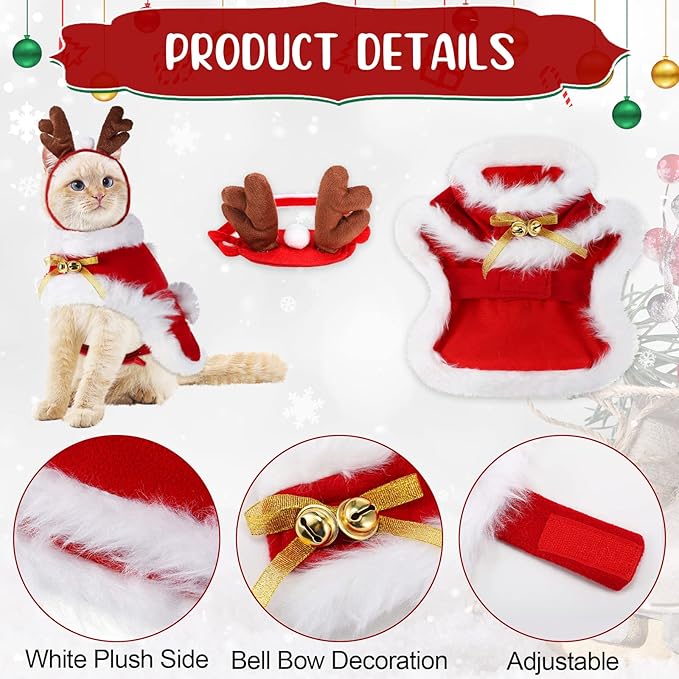 3 Pieces Christmas Pet Costumes Outfit Set Includes Puppy Cat Cloak with Star and Pompoms Kitten Dog Antlers Headband Pet Reindeer Headwear Cat Santa Cape with Bell Pet Costume Accessories (Small)
