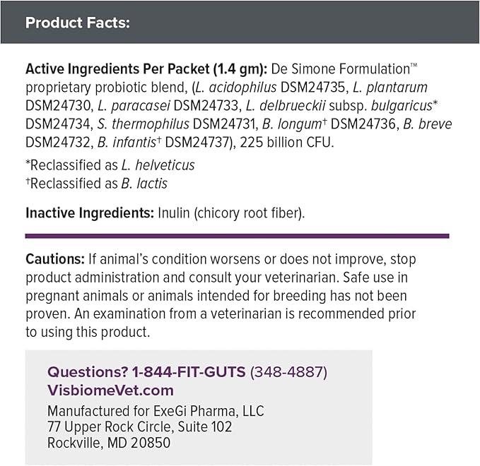 Visbiome® Vet Advanced GI Care High Potency Probiotic for Dogs & Cats – 225B CFU, 8-Strain Formula – Refrigerated, Veterinarian Recommended, Clean Label Certified – 90 Packets