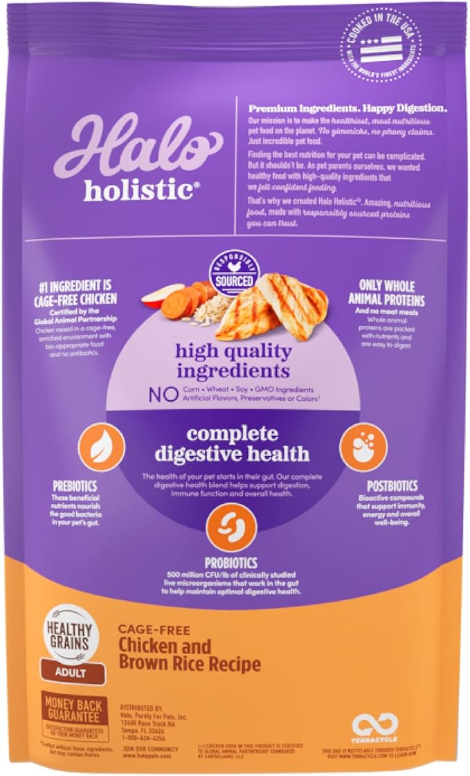 Halo Holistic Dog Food Cage Free Chicken & Brown Rice Formula, Healthy Grains Dry Dog Food, Complete Digestive Health, Kibble for Adult Dogs, 21 lb Bag
