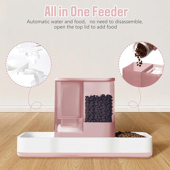 Automatic Small Pet Feeder and Water Dispenser, 2 in 1 Gravity Cat Auto Cat Small Medium Dog Feeder and Waterer Set Dish for Puppy Kitten Pets (Pink)