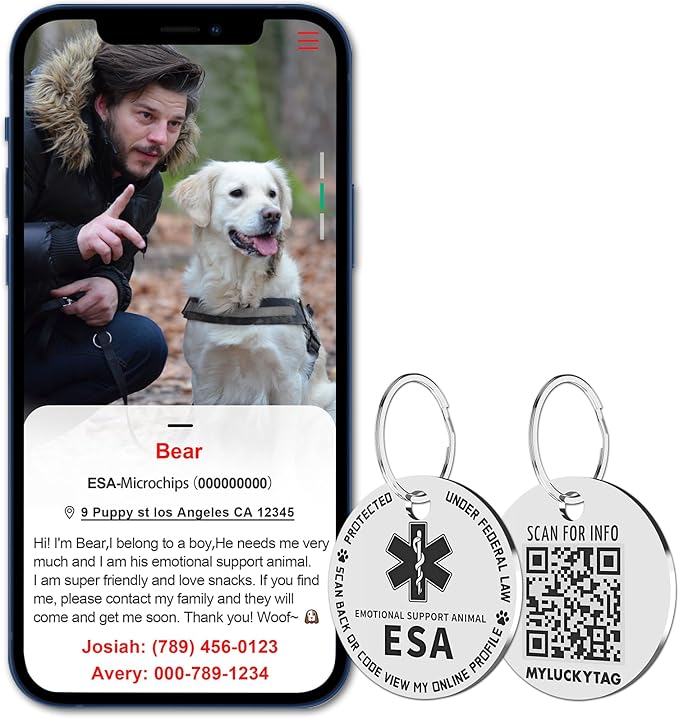 MYLUCKYTAG QR Code ESA Emotional Support Dog ID Tag - Pet Online Profile - Scan QR Receive Instant Pet Location Alert Email