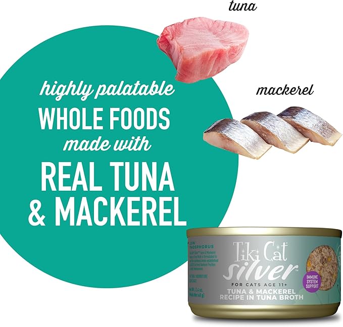 Tiki Cat Silver Comfort Mousse + Shreds, Tuna & Mackerel Recipe in Tuna Broth, Immune System Support Formulated for Older Cats Aged 11+, Senior Wet Cat Food, 2.4 Oz Cans (Pack of 12)