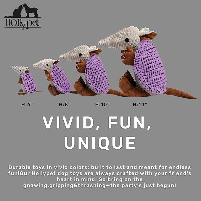 Hollypet Plush Dog Squeaky Toy Stuffed Armadillo Animal Pet Puppy Chew Toys with Clean Teeth for Small Medium Large All Breed Sizes Dogs, Purple, 14 in