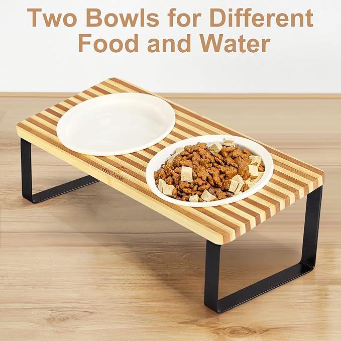 Sunhoo Ceramic Elevated Cat Bowls Raised Puppy Dishes for Food and Water Tilted Wooden Stand for Indoor Cats 5.5 inch Wide Double Dish Orthopedic Reduces Vomiting (Yellow&Brown)