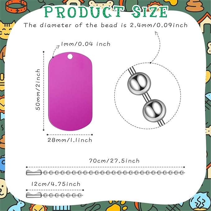 Yinkin 200 Pcs Personalized Military Dog Tags Set Including 100 Pcs Aluminum Blank Dog Tags for Engraving 100 Ball Steel Chain Rectangle Metal Blank Stamping Label for DIY Craft(Purple)