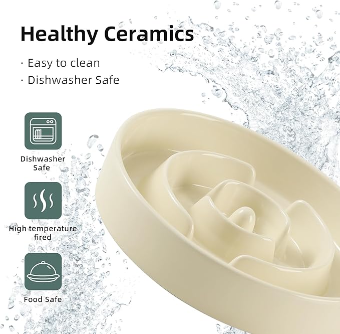 8.2inch Ceramic Raised Slow Feeder Dog Bowl Set, Elevated Wooden Stand for Large and Medium Dog, Puzzle Slow Dish, Anti-Gulping(Beige, Single Bowl+ Stand)