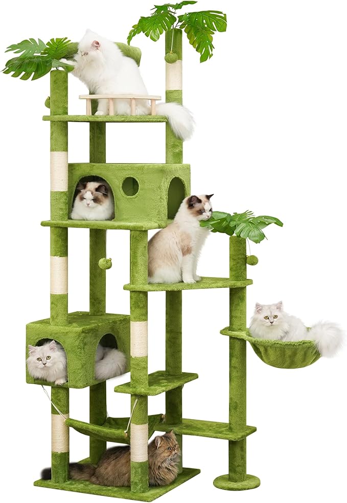 77in Large Cat Tower for Heavy Duty Big Cats, Tall Cat Tree with Leaves - Scratching Post, Two Cat Condos, Soft Hammocks, Padded Perches & Dangling Balls, Green