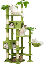 77in Large Cat Tower for Heavy Duty Big Cats, Tall Cat Tree with Leaves - Scratching Post, Two Cat Condos, Soft Hammocks, Padded Perches & Dangling Balls, Green
