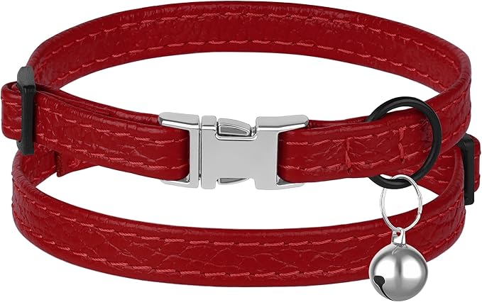 Leather Cat Collar with Buckle and Removable Bell - Non Breakaway Adjustable Soft Safety Small Pet Collars for Girl Boy Cats Kitten (Red)