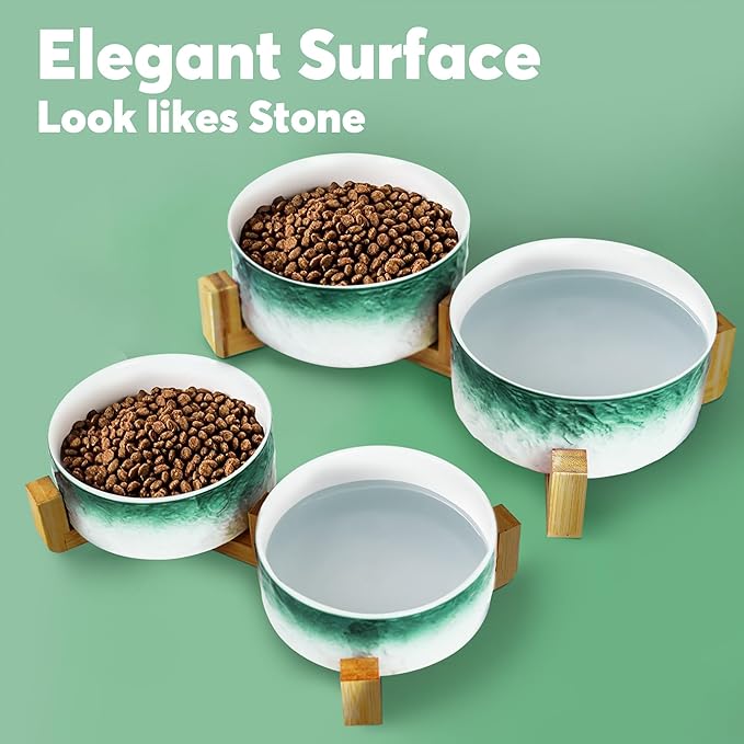 YOBRO Elegant Dog Bowls Set for Medium Dogs, Beautiful Ceramic Stone Alike Style, Pet Bowl Set with Wooden Stand, Non-Slip, Modern Food or Water Breeds Dishs, Gifts for Dog Owners, Green