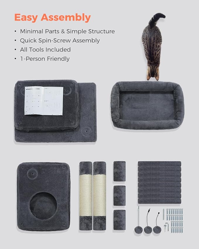 XL Cat Tower 44" Cat Tree for Large Cats 20 lbs+, 2 Spacious Condos with 3.4" Thickened Scratching Post, Large Top Perch, 2 Interactive Toys, Dark Grey