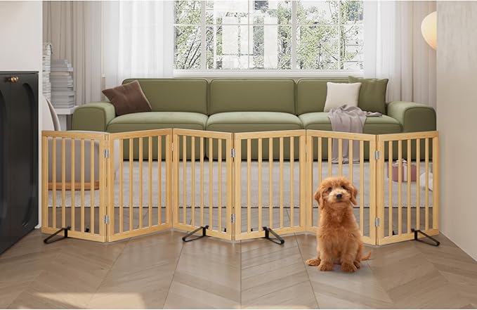Semiocthome Bamboo Dog Gates for The House Extra Wide, 6-Panel Freestanding Pet Gates with 4PCS Metal Stands for Doorways and Stairs, 24“H Foldable Dog Fences Indoor, Expands Up to 9(ft) /110" (W)
