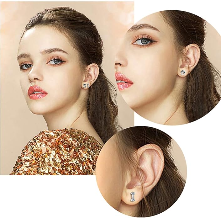 Paw Print Necklace Cat Puppy Paw Earrings Sterling Silver Hypoallergenic Dog Paw and Bone Friendship Cubic Zirconia Paw Set for Women Teen Girls