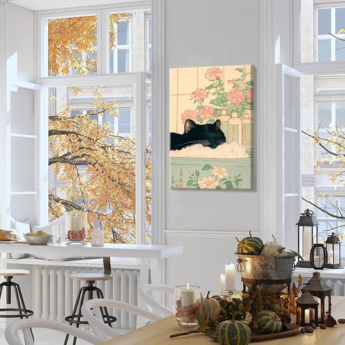 Relaxation Japanese Poster Print Cute Black Cat Wall Art Decor Bathtub Pink Flowers and Green Leaves Picture Canvas Minimalist Japan Artwork for Bathroom Bedroom Toilet Kids Room 12x16inch Framed